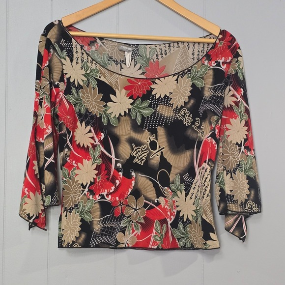 ravel Tops - VTG Ravel Womens Black Red Floral Print 3/4 Sleeve Boat Neck Top Size Large